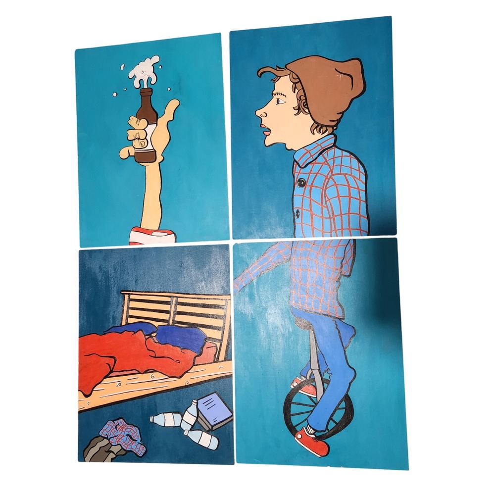 Alexis Killam Activity Original 4 Panel Painting Set Pop Art Unicycle Cartoon‎